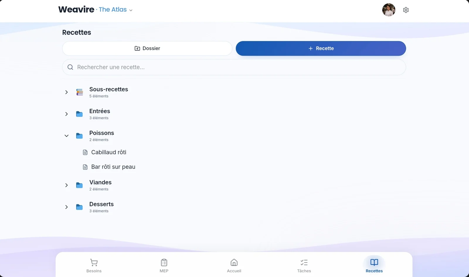 Écran de l'application — Recettes