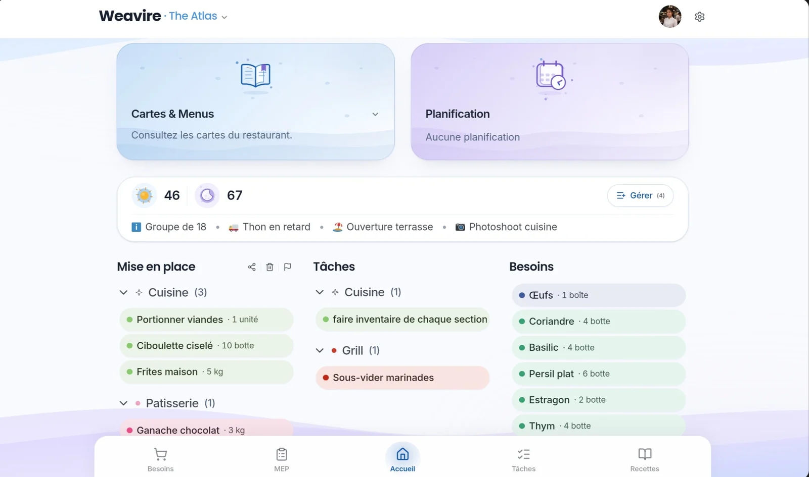 Écran de l'application — Accueil et priorités